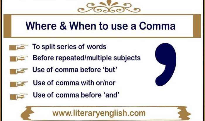 Comma rules grammar english basic esl use examples list definition commas sentence words when sentences example punctuation chart learners infographic