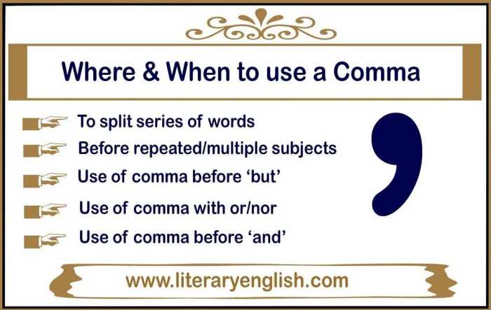 Comma rules grammar english basic esl use examples list definition commas sentence words when sentences example punctuation chart learners infographic